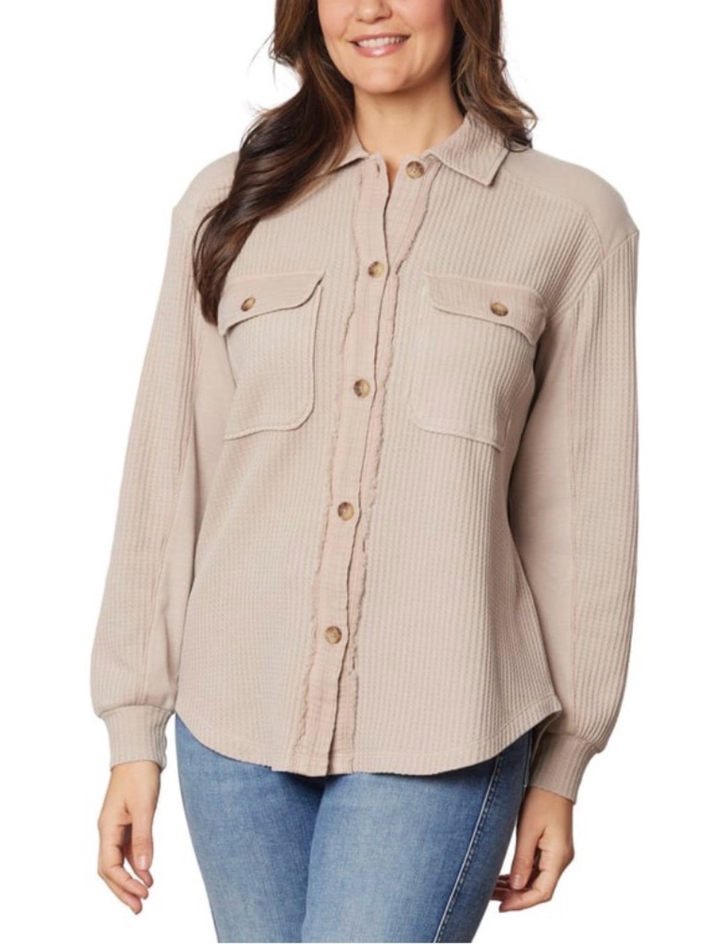 Relaxed Waffle Button-Down Shirt in Tan